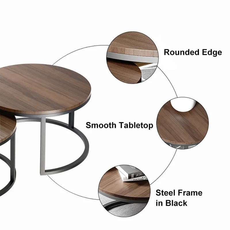 2 Pieces Modern Gray & Black Round Nesting Coffee Table for Living Room