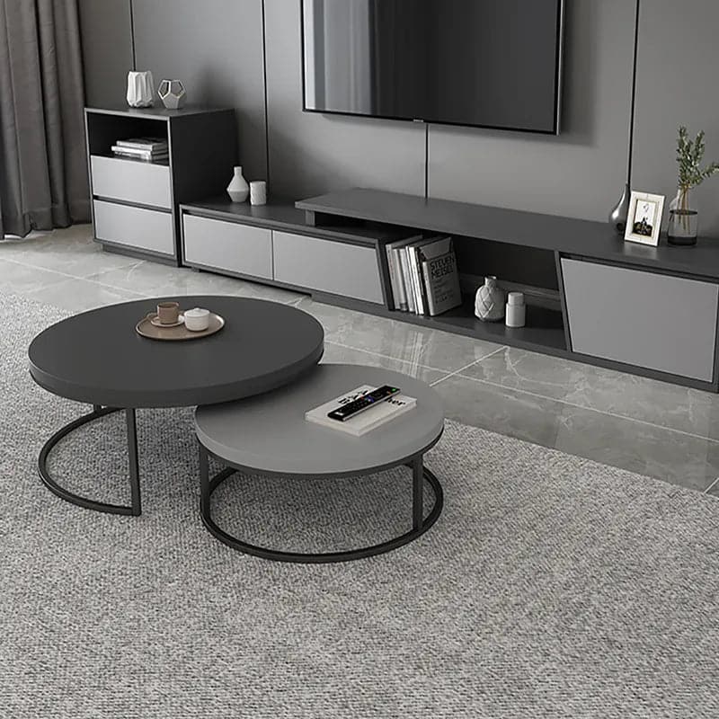 2 Pieces Modern Gray & Black Round Nesting Coffee Table for Living Room