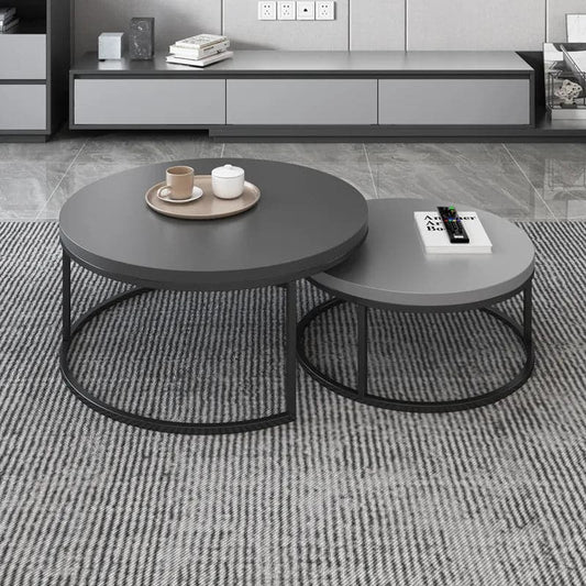 2 Pieces Modern Gray & Black Round Nesting Coffee Table for Living Room
