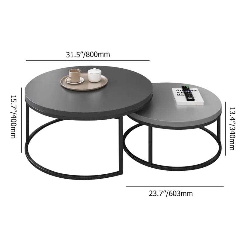 2 Pieces Modern Gray & Black Round Nesting Coffee Table for Living Room