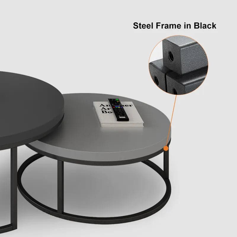 2 Pieces Modern Gray & Black Round Nesting Coffee Table for Living Room