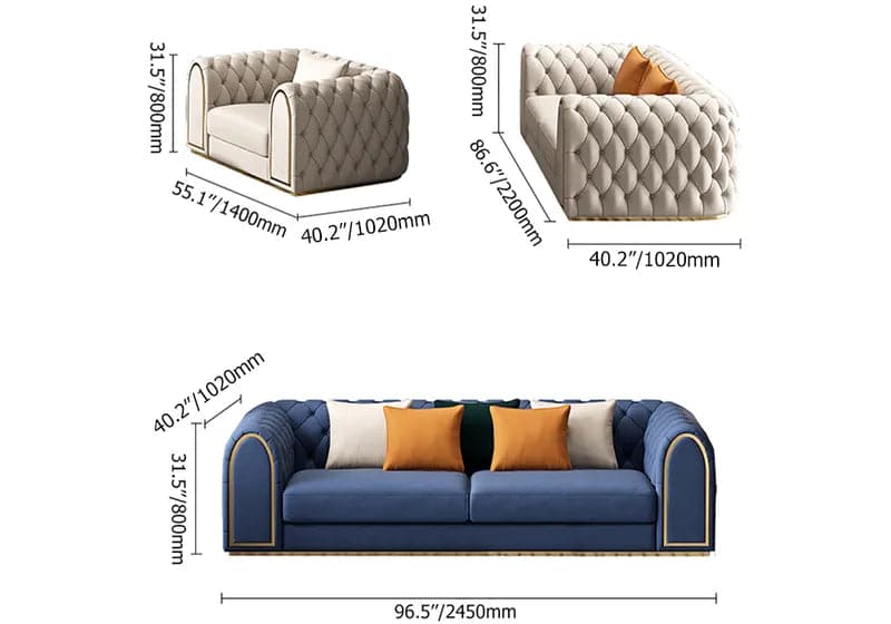 Ensemble de salon 3 pièces avec canapé Chesterfield rembourré en velours de luxe bleu et beige