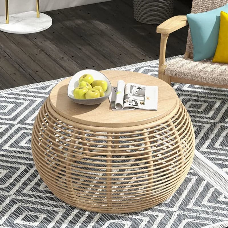 Table basse de patio ronde en rotin naturel Boho de 31,5 po avec plateau en bois 