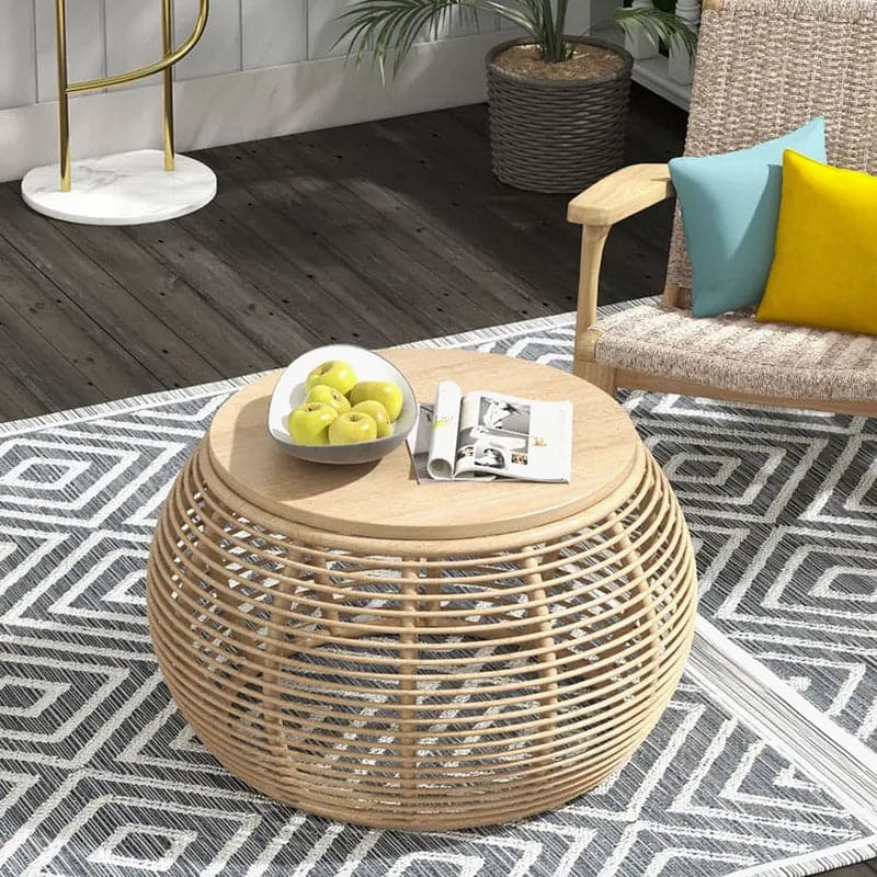 Table basse de patio ronde en rotin naturel Boho de 31,5 po avec plateau en bois 