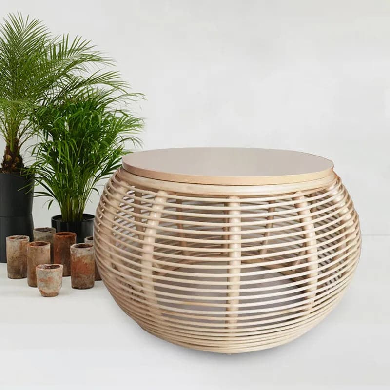 31.5" Boho Natural Round Patio Rattan Coffee Table with Wood-Top