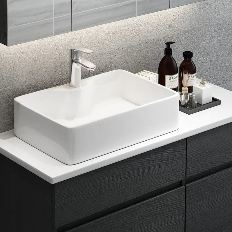 31 Black & White Floating Bathroom Vanity Faux Marble Top Ceramic Vessel Sink#Black