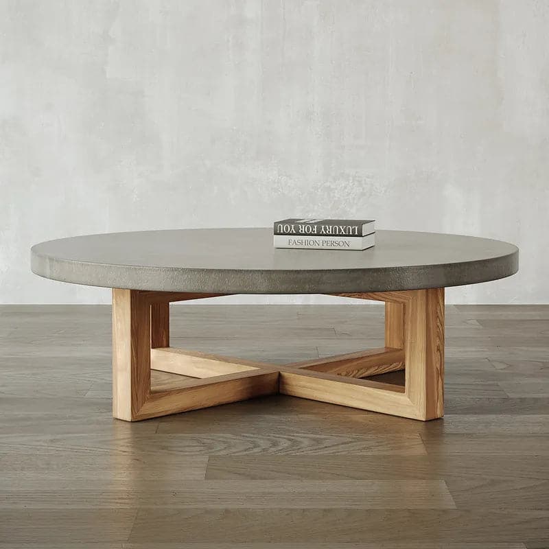 Table basse ronde en béton gris de 31 po avec pieds croisés et base en bois de pin