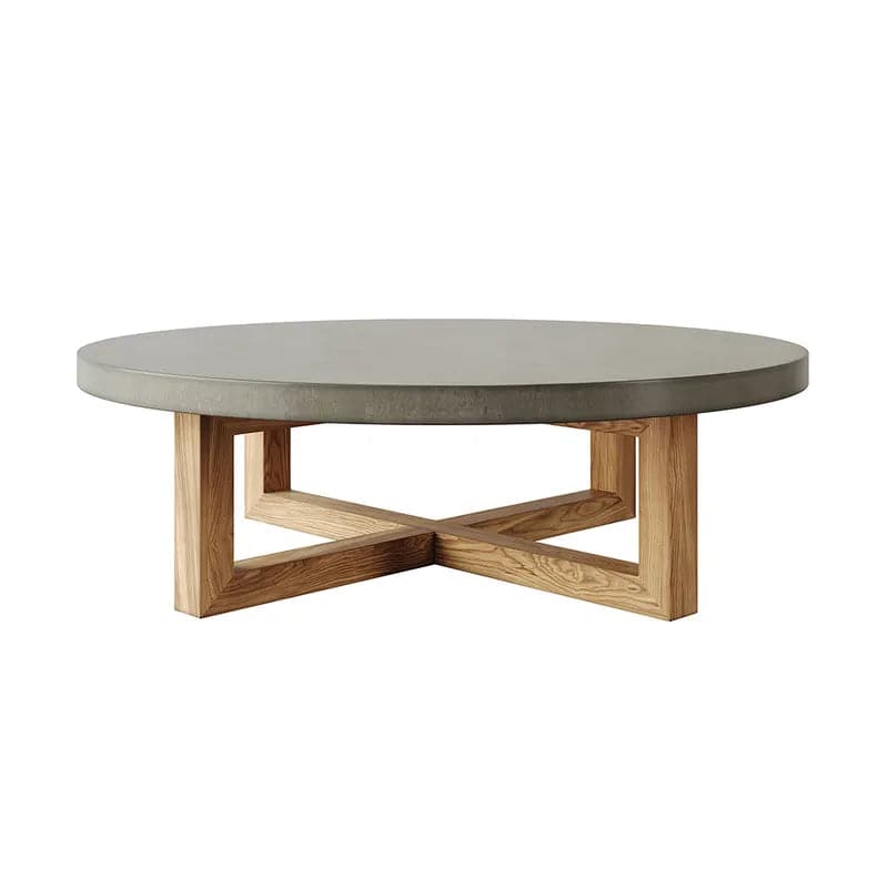 31" Round Concrete Gray Coffee Table with Cross Legs Pine Wood Base