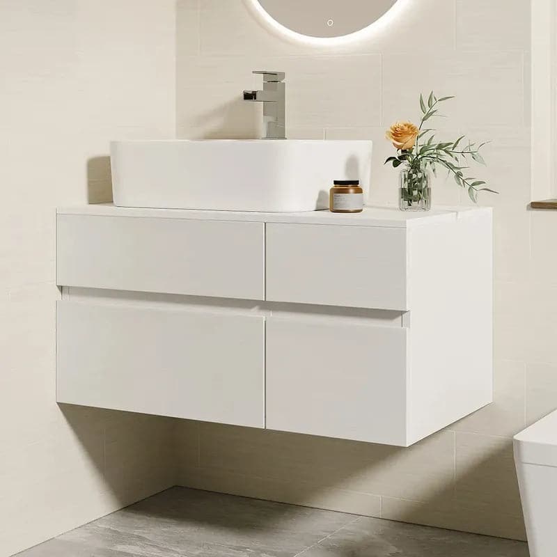 31 Black & White Floating Bathroom Vanity Faux Marble Top Ceramic Vessel Sink#White
