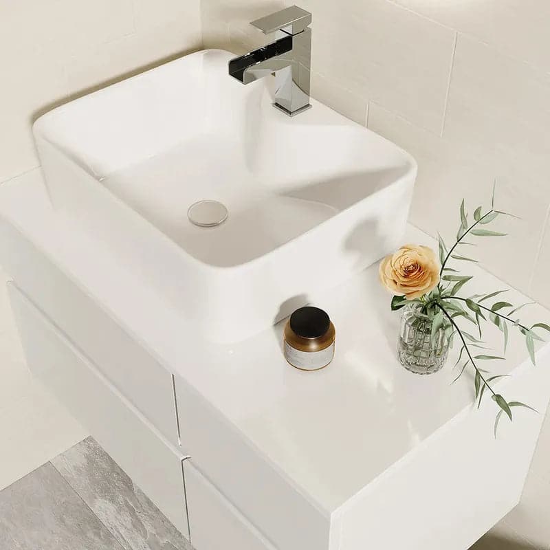 31 Black & White Floating Bathroom Vanity Faux Marble Top Ceramic Vessel Sink#White