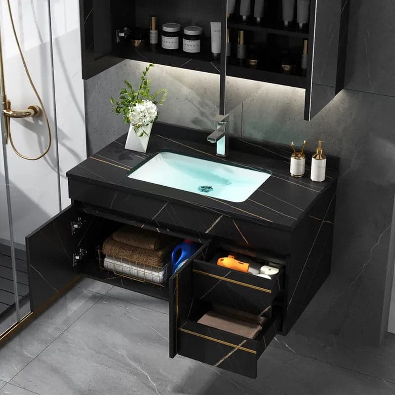 35" noir moderne faux marbre flottant salle de bains vanité simple évier en céramique