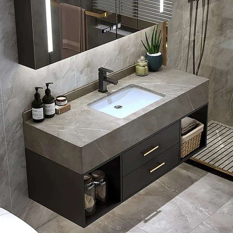 Meuble-lavabo flottant noir et gris de 35 po/40 po avec lavabo en pierre frittée et 2 tiroirs