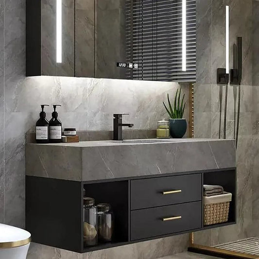 Meuble-lavabo flottant noir et gris de 35 po/40 po avec lavabo en pierre frittée et 2 tiroirs