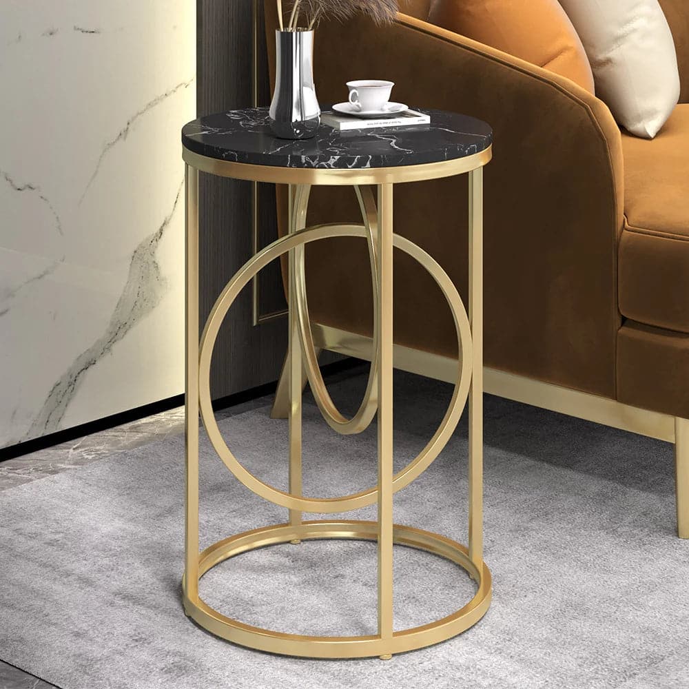 Black Round End Table Marble Top Side Table Metal in Gold