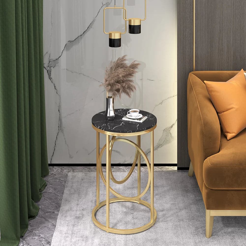 Black Round End Table Marble Top Side Table Metal in Gold