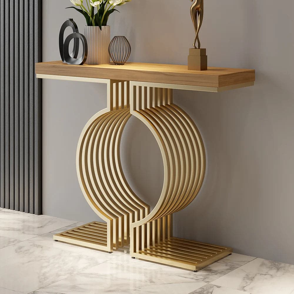 Modern Walnut Narrow Sofa Console Table with Geometric Metal Base in Gold