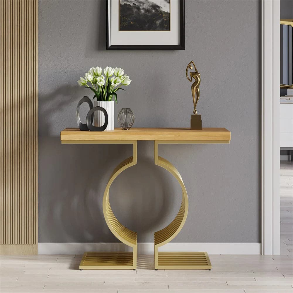 Modern Walnut Narrow Sofa Console Table with Geometric Metal Base in Gold