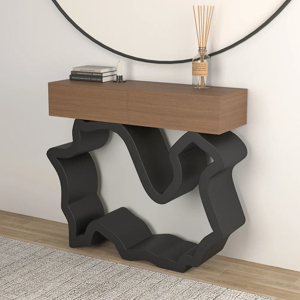 Table console moderne de 39,4 po en noyer et noir avec tiroirs