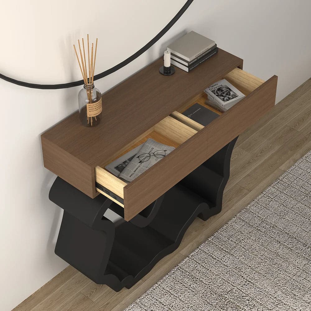 Table console moderne de 39,4 po en noyer et noir avec tiroirs