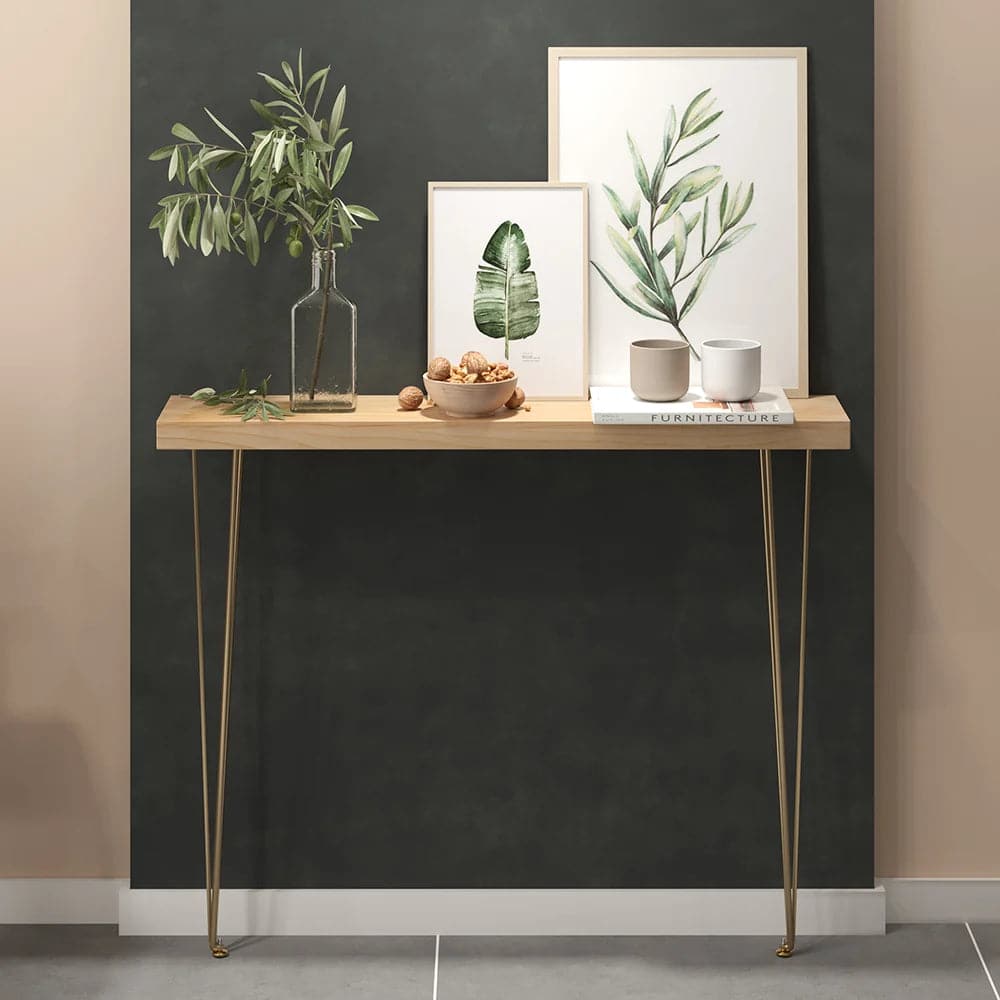 39.4 Inch Rustic Narrow Rectangle Console Table with Wooden Top & Metal Hairpin Legs