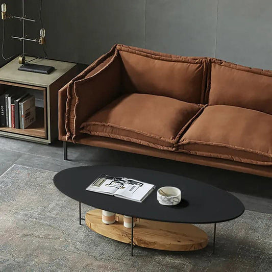 Table basse moderne noire et naturelle de 39 po avec étagère de rangement en bois clair et métal