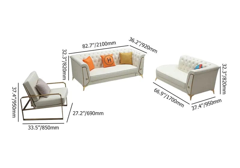 3 Piece Modern Living Room Set Chesterfield Sofa with Chaise in Off-White