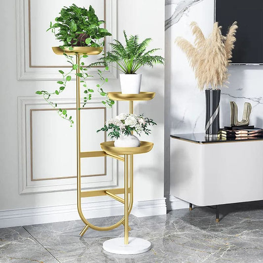 Support pour plantes sur pied en métal à 3 niveaux, pot de fleurs chic de forme unique en or