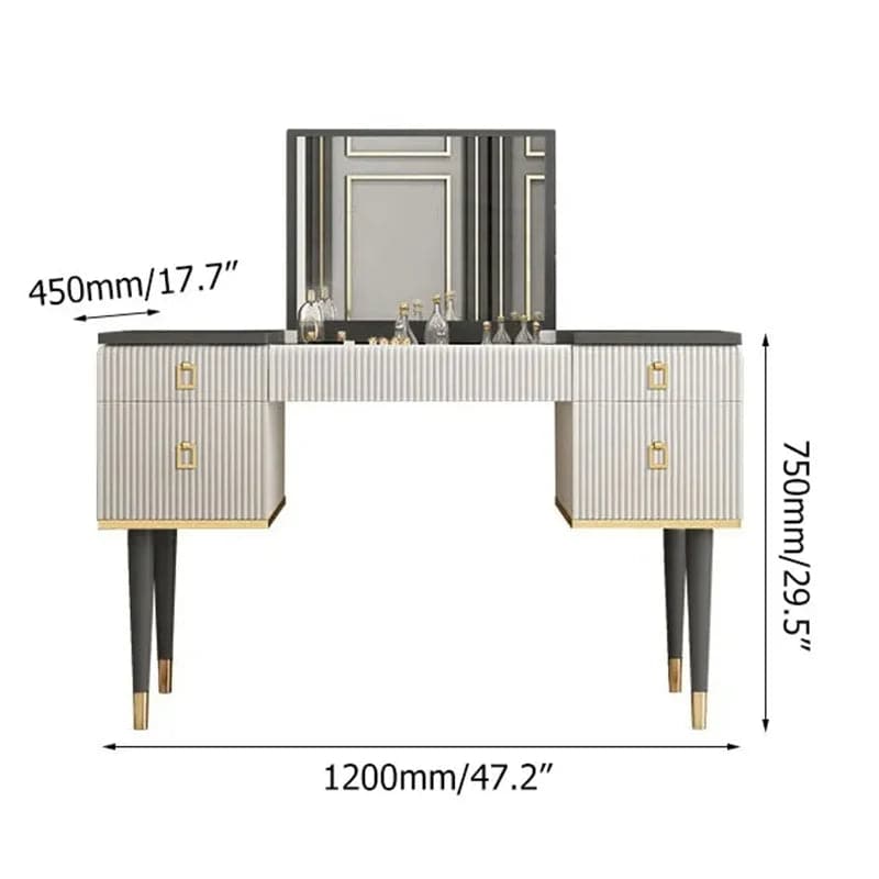 Coiffeuse de maquillage à 4 tiroirs avec miroir rabattable blanc et gris