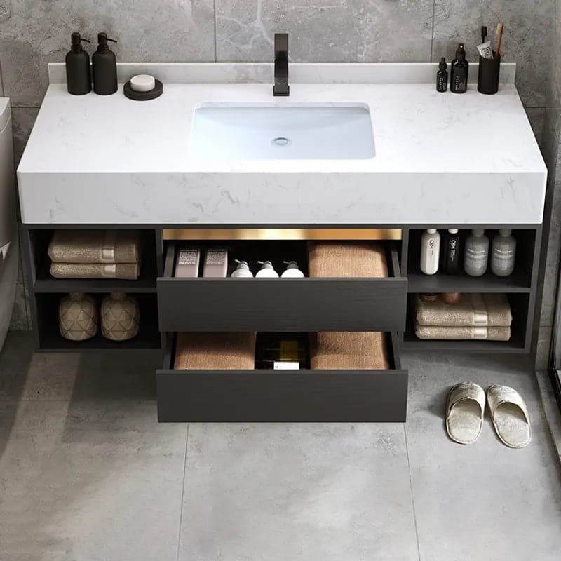 Ensemble de meuble-lavabo flottant de 40 po avec lavabo en céramique, 2 tiroirs et tablettes ouvertes en noir