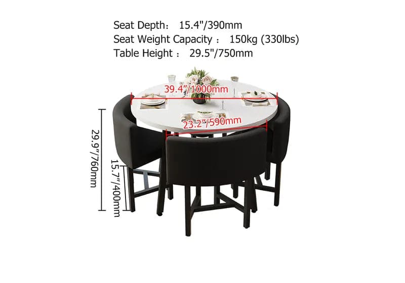 40 Inch Round Wooden Small Nesting Dining Table Set for 4 Black Upholstered Chairs