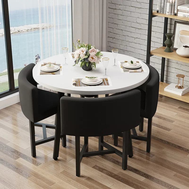 40 Inch Round Wooden Small Nesting Dining Table Set for 4 Black Upholstered Chairs