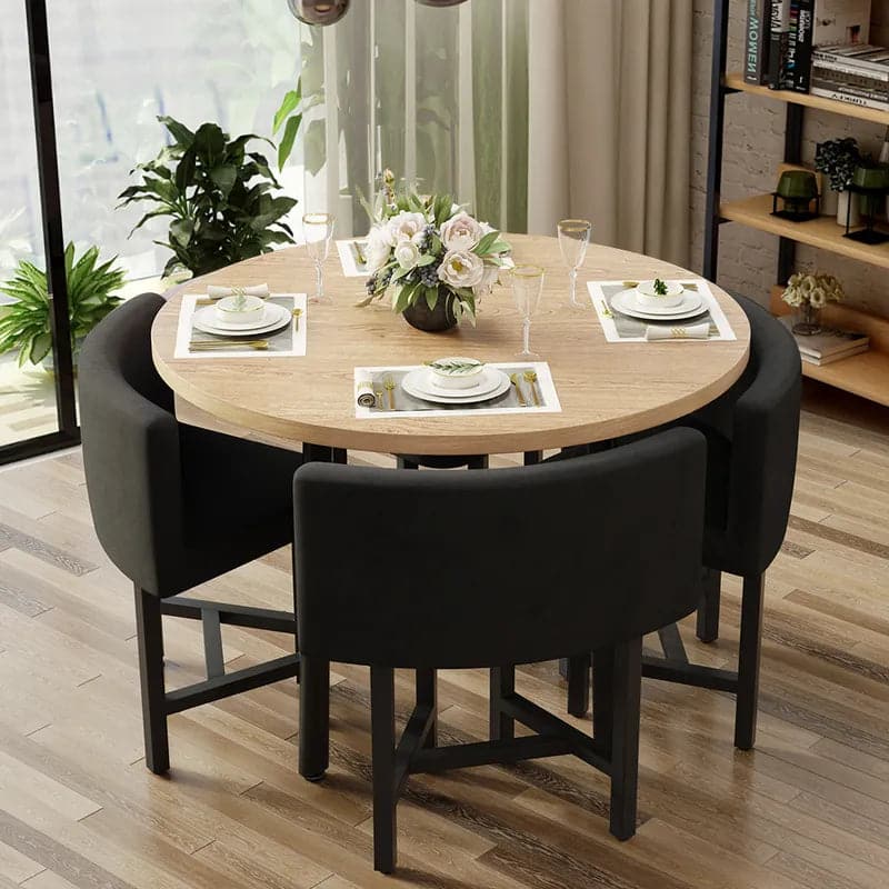 40 Inch Round Wooden Small Nesting Dining Table Set for 4 Gray Upholstered Chairs