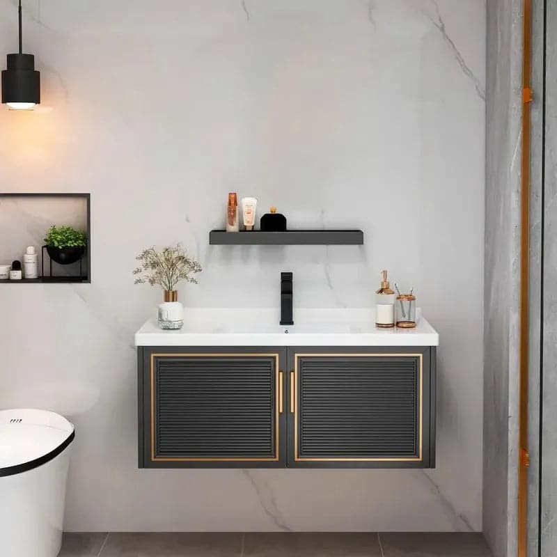 Black Floating Bathroom Vanity Set Drop-In Ceramic Sink with Cabinet#L