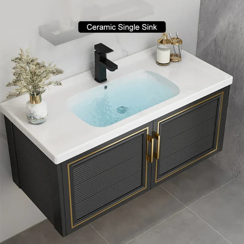Black Floating Bathroom Vanity Set Drop-In Ceramic Sink with Cabinet#L