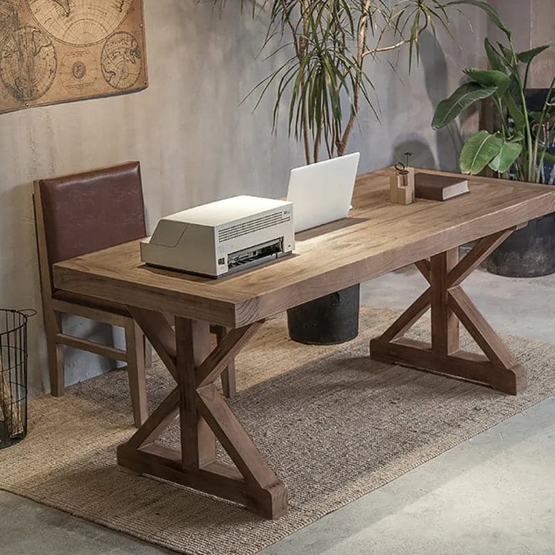 Rustic Farmhouse Wooden Office Desk in Natural with Trestle#Natural-S