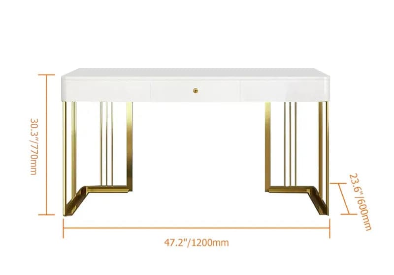 47 Inches Glossy White Wooden Writing Desk Modern Desk Computer Desk with Drawers in Gold Base