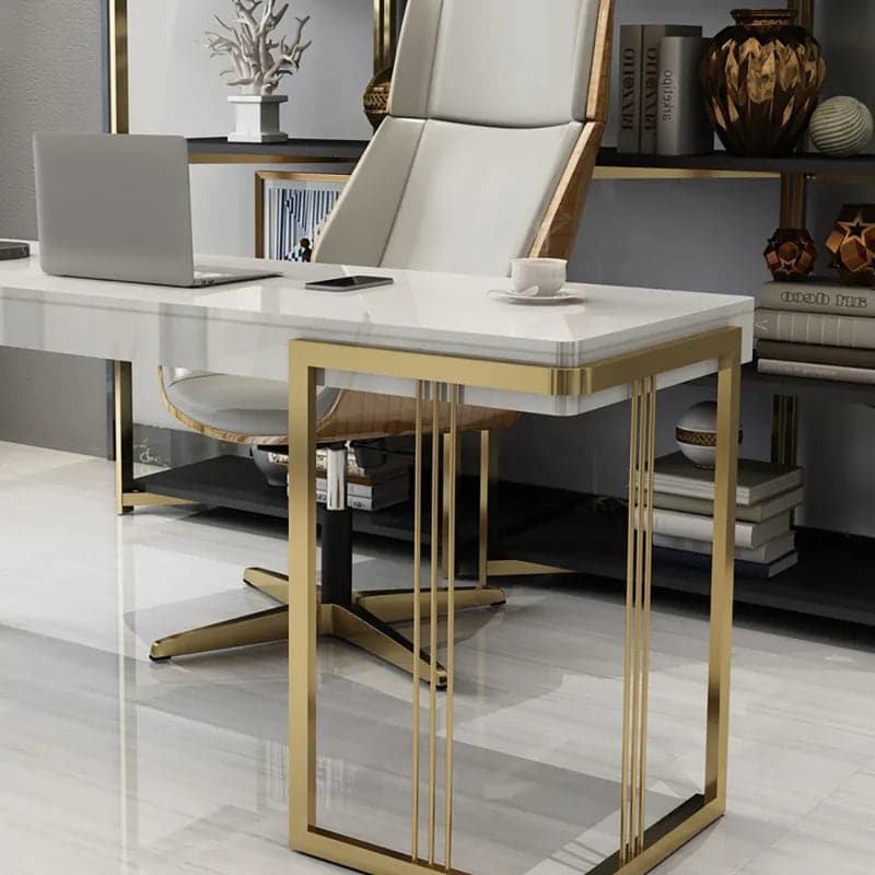 47 Inches Glossy White Wooden Writing Desk Modern Desk Computer Desk with Drawers in Gold Base