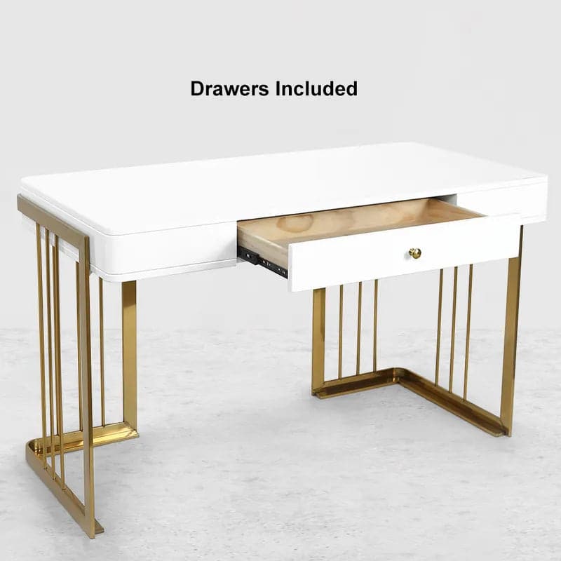 47 Inches Glossy White Wooden Writing Desk Modern Desk Computer Desk with Drawers in Gold Base