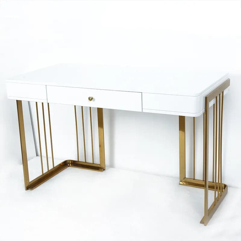 47 Inches Glossy White Wooden Writing Desk Modern Desk Computer Desk with Drawers in Gold Base