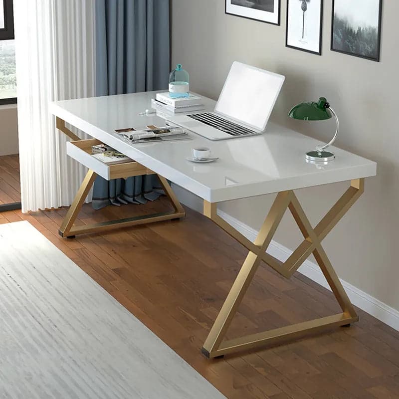 47" Modern Rectangular White Writing Desk Metal Base Wooden Home Office Desk with Drawer