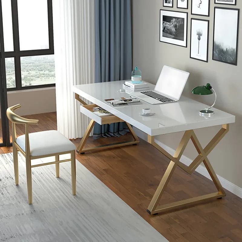 Bureau d'écriture rectangulaire moderne de 47 pouces, bureau à domicile en bois avec base en métal blanc et tiroir