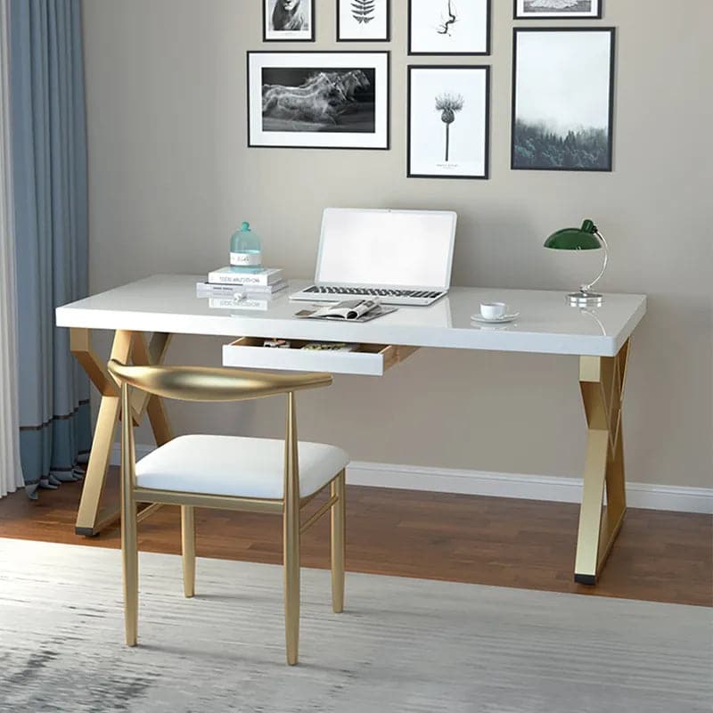 47" Modern Rectangular White Writing Desk Metal Base Wooden Home Office Desk with Drawer