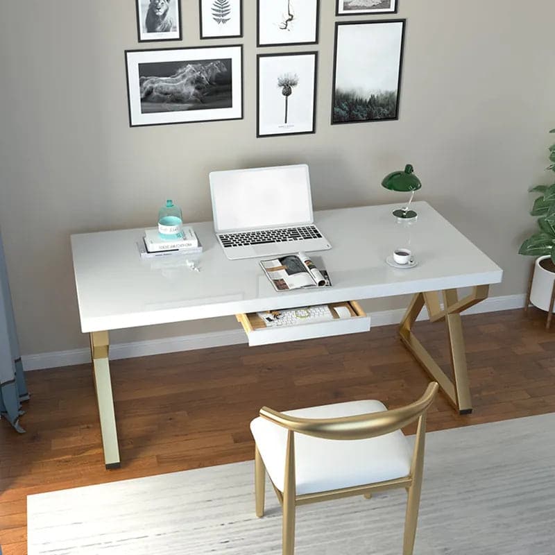 Bureau d'écriture rectangulaire moderne de 47 pouces, bureau à domicile en bois avec base en métal blanc et tiroir