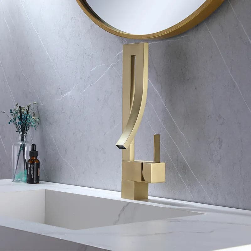 BrushedGoldWaterfallBathroomSinkFaucetSingleHoleSingleHandleBrassModernStyle#Brushed Gold