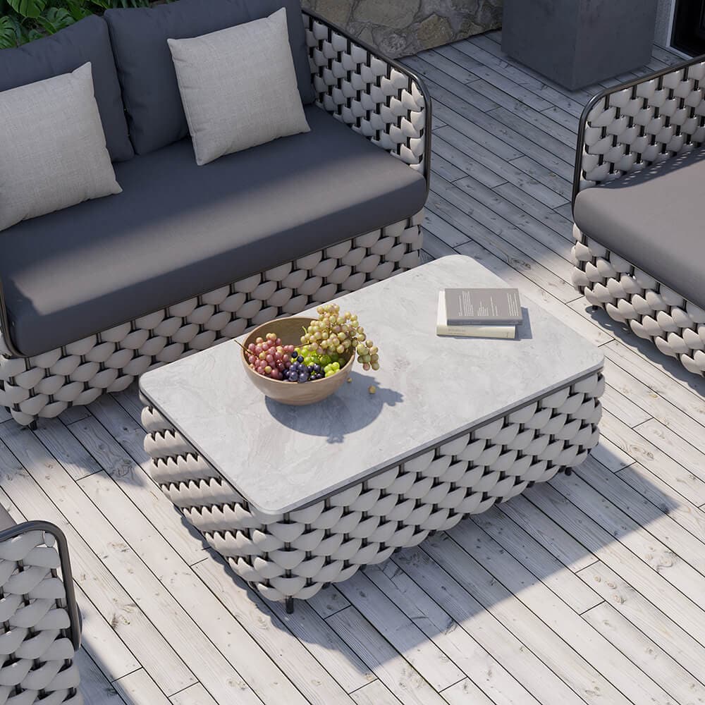 4Pcs Aluminum & Rope Outdoor Sofa Set with Faux Marble Coffee Table and Cushion Pillow