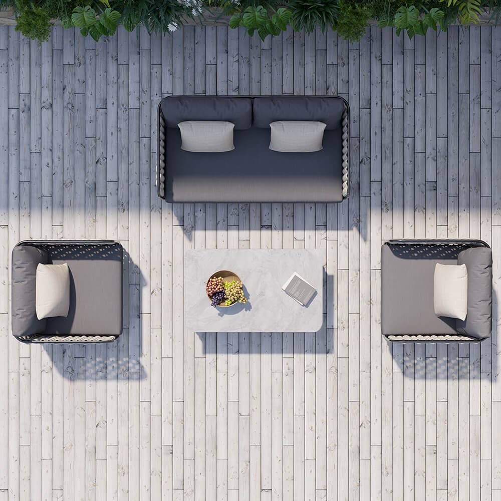 4Pcs Aluminum & Rope Outdoor Sofa Set with Faux Marble Coffee Table and Cushion Pillow