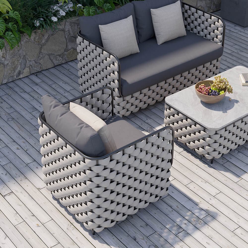 4Pcs Aluminum & Rope Outdoor Sofa Set with Faux Marble Coffee Table and Cushion Pillow