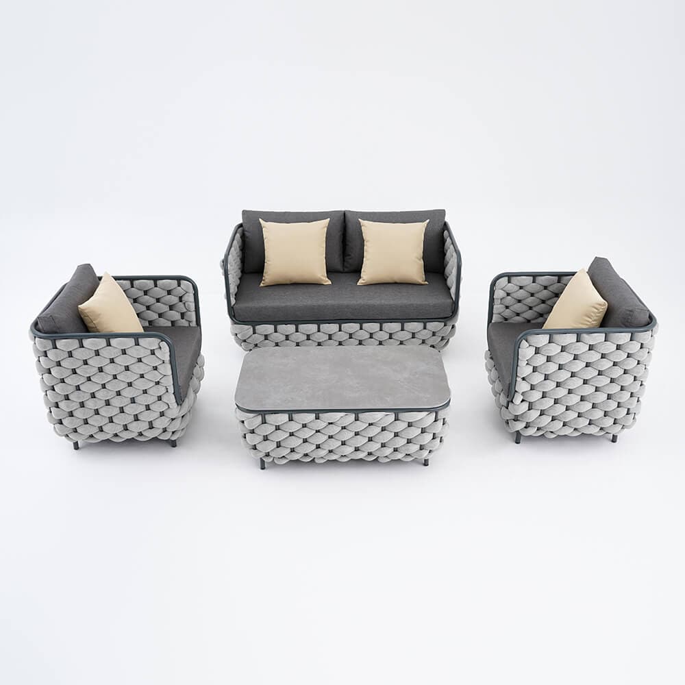 4Pcs Aluminum & Rope Outdoor Sofa Set with Faux Marble Coffee Table and Cushion Pillow