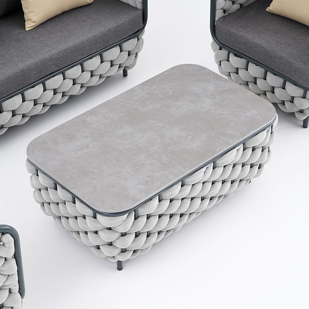 Ensemble de canapé d'extérieur en aluminium et corde, 4 pièces, avec Table basse en Faux marbre et oreiller