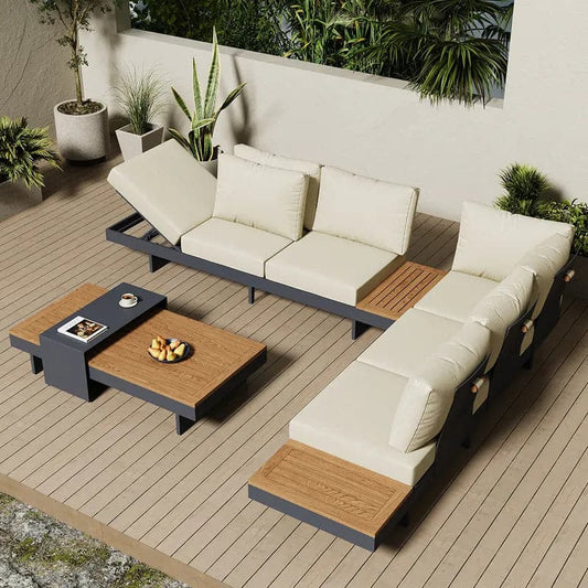 Ensemble de canapé sectionnel d'extérieur moderne en bois de teck en forme de L 4 pièces avec table basse en beige